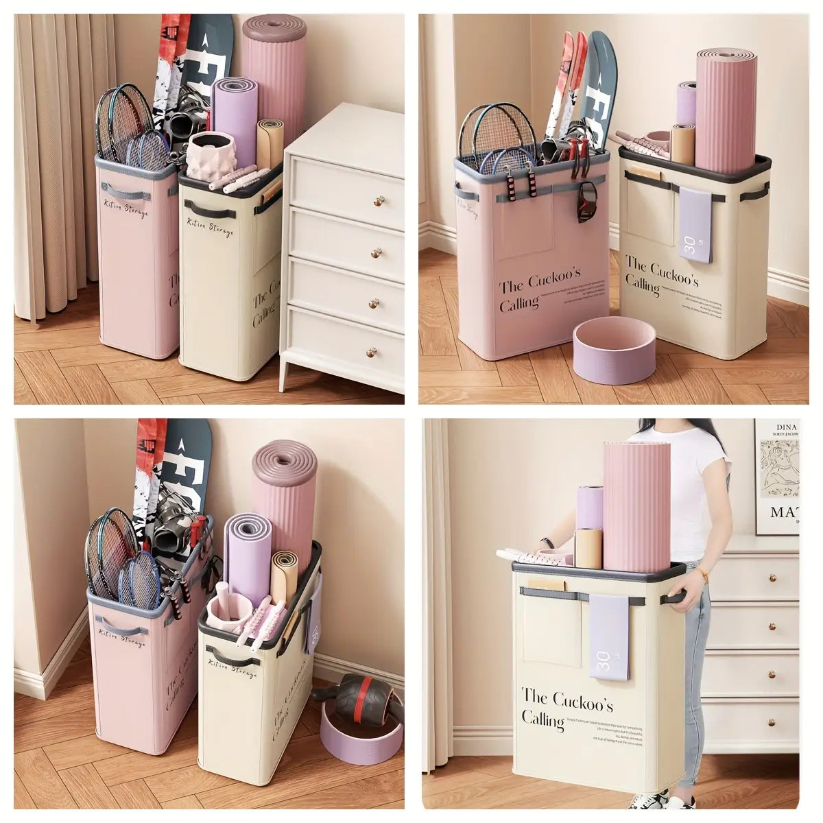 Beige and pink yoga mat storage basket with black trim featuring the cuckoos calling text in a minimalist font designed as a fitness organizer.