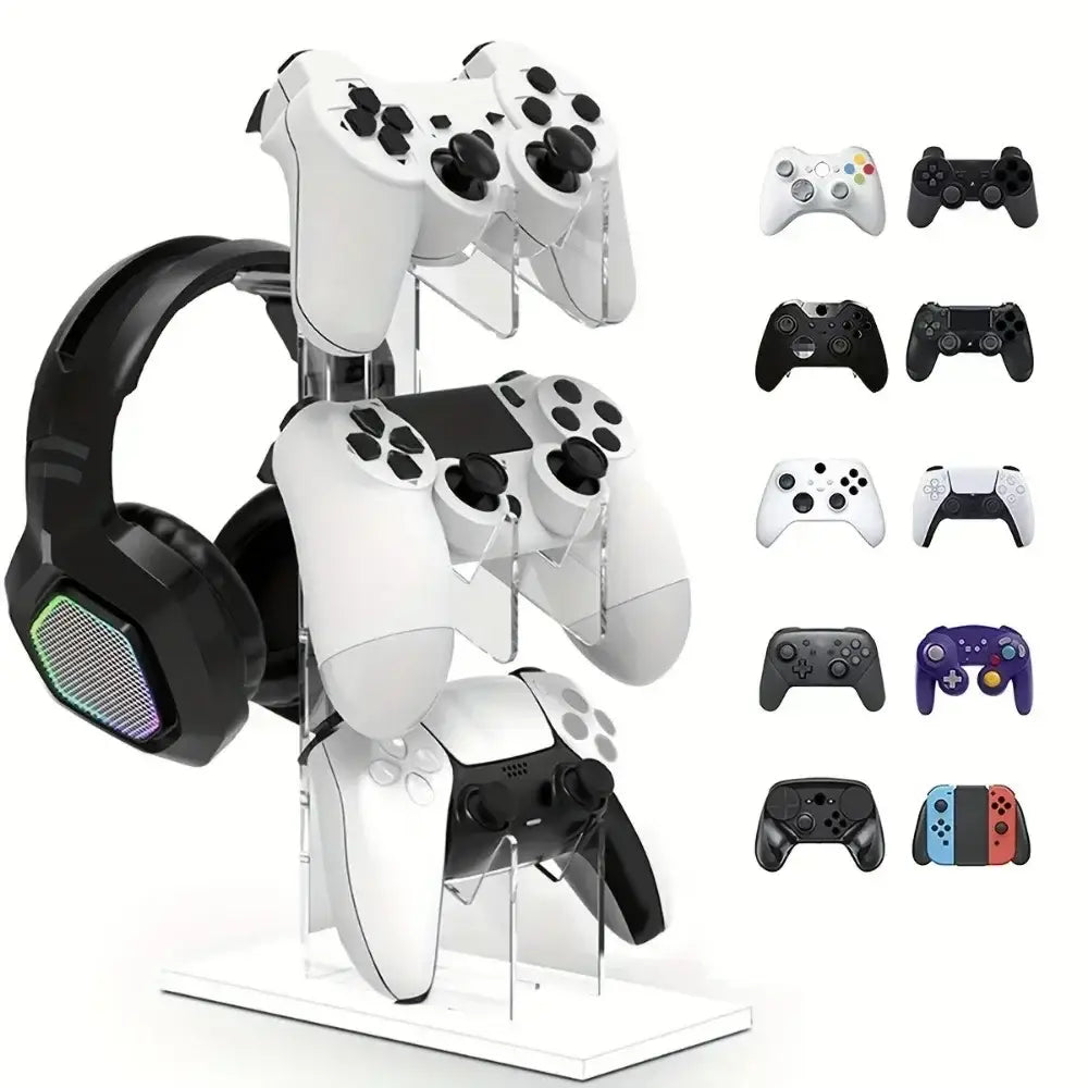 3段構造で白いプレイステーションコントローラーを保持し、黒色のRGBライティング付きヘッドセットを備えた、クリアアクリル製ゲーミングコントローラースタンドおよびヘッドセットホルダー。