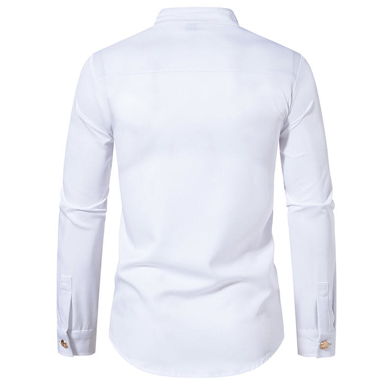 camisa gótica blanca para hombre de manga larga, cruzada doble, con cuello alzado, cuello clásico y puños con botones de tono dorado