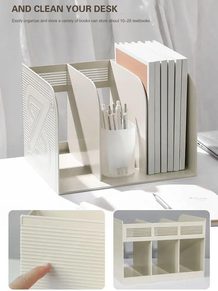 Beige plastic desk organizer with three compartments including a cylindrical pen holder and upright book storage rack for office use.