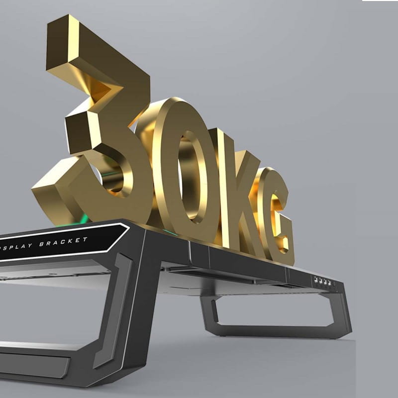 Support de moniteur RGB avec station d’accueil USB et tiroir de rangement, doté d’une monture d’écran dorée de 30 kg, avec un cadre noir élégant et un design angulaire