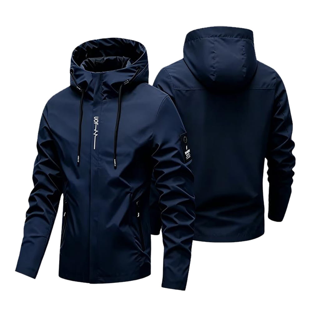Chaqueta impermeable con capucha para hombre en material impermeable azul marino oscuro, con una marca blanca discreta en el tirador delantero de la cremallera, diseñada para actividades al aire libre.