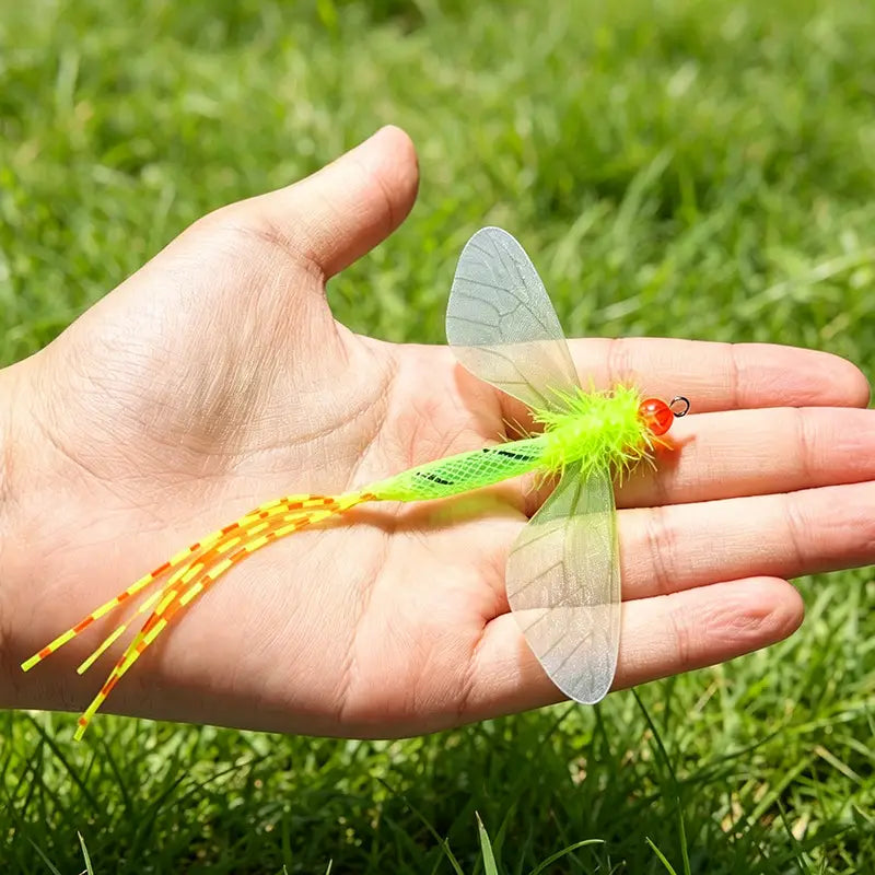 Farbiger Libellen-Cat-Toy-Ersatzkopf mit einem kräftigen Neon-Grün- und Gelb-Design als künstliche Fliegenfischköder, mit durchscheinenden Flügeln und einem roten Perlenauge.
