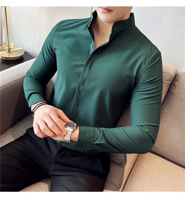dark green slim fit men dress shirt with stand collar and long sleeves designed for formal wear and ensuring correct size fit