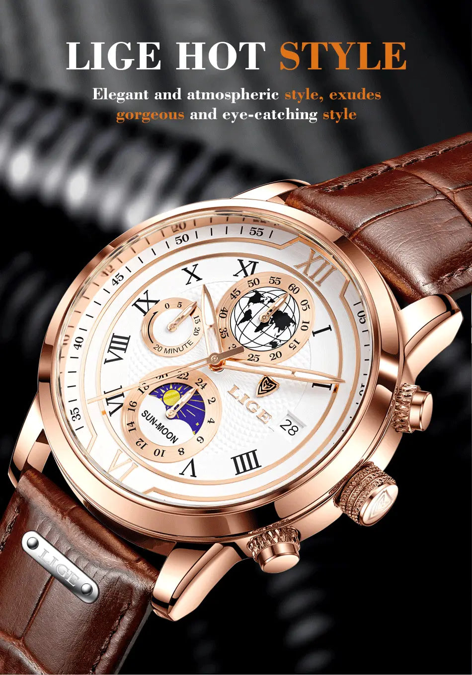 Herren-Lige-Uhr mit Roségold-Chronograph und Lederarmband, mit roségoldfarbenem Gehäuse, weißem Zifferblatt mit römischen Ziffern und Mondphasenanzeige sowie braunem Lederarmband.