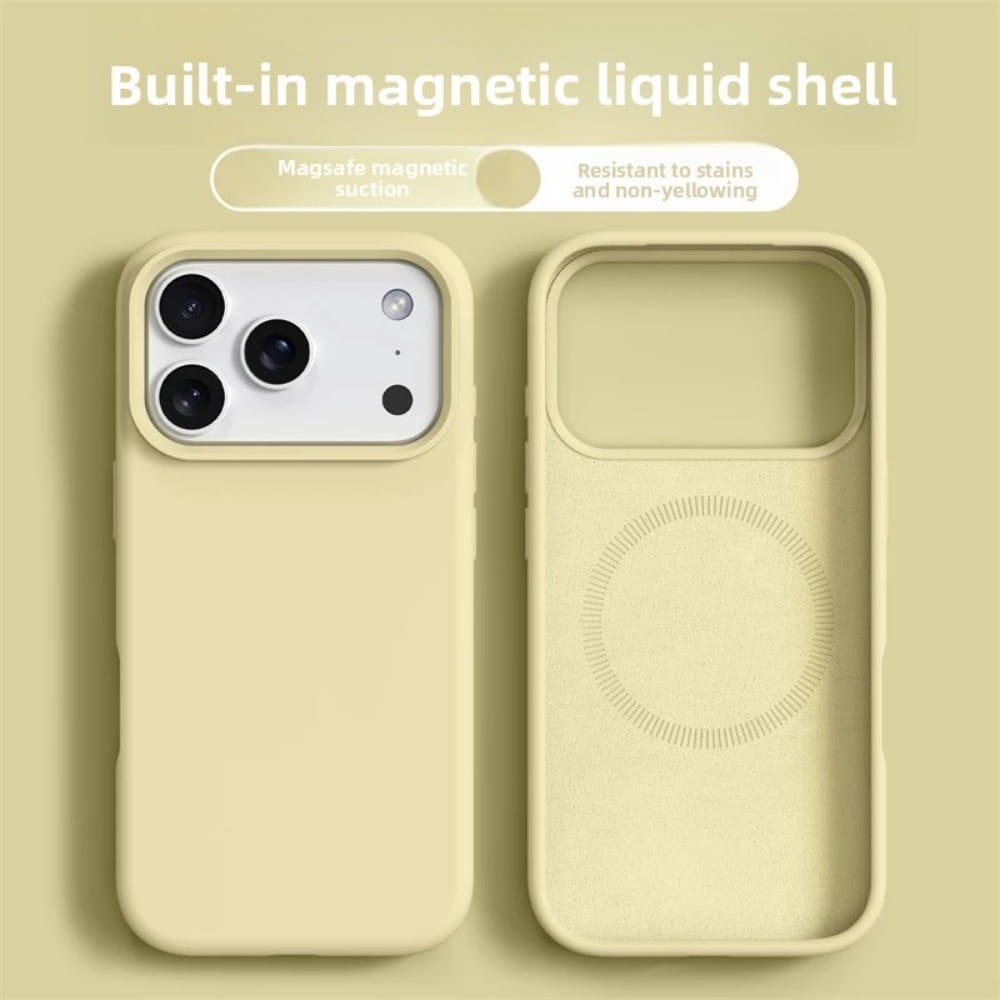 iPhone 17 Pro Max背面用の、内蔵magsafe対応クリーム色シリコーン磁性液ケース。