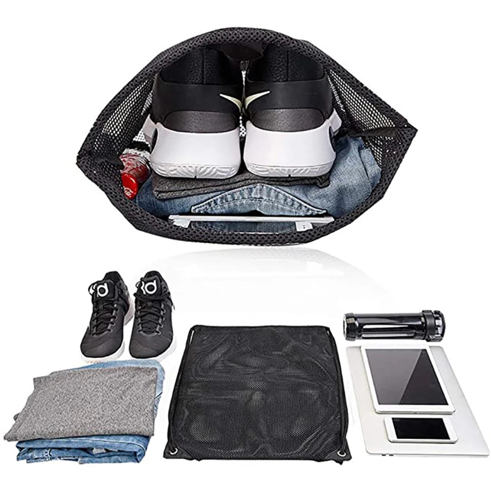 Mesh Drawstring Bag Backpack Black Mesh Bags Heavy Duty Soccer Ball Net Bag Equipment Bag for Gym, Beach, Swimming Gears
