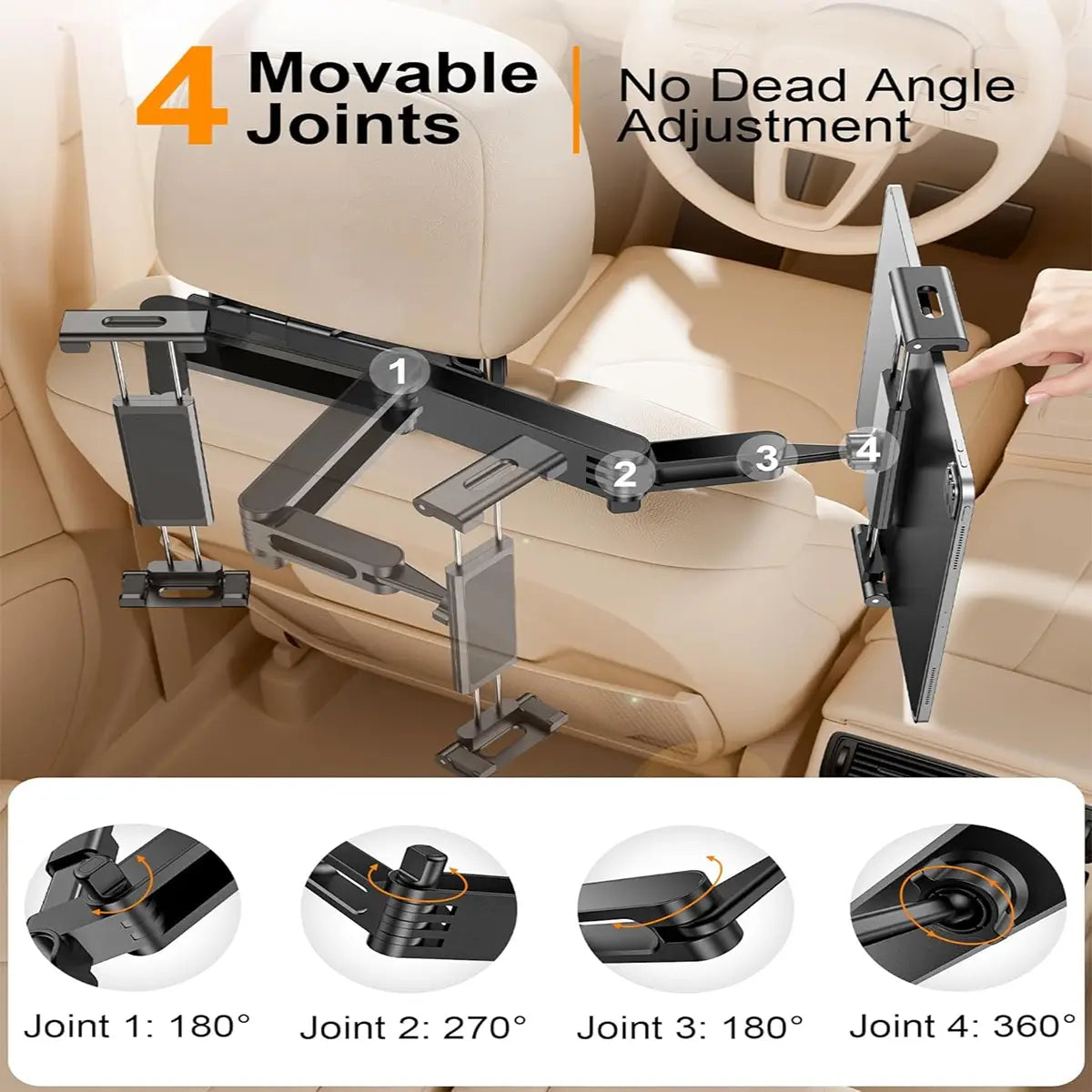 Soporte para tableta en el reposacabezas del automóvil ajustable negro con cuatro juntas móviles para una colocación flexible, compatible con dispositivos de 4.7 a 12.9 pulgadas