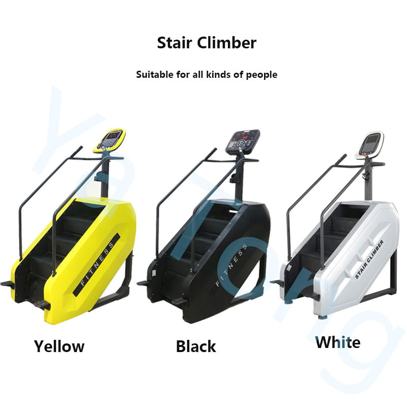 Commercial stair climber machine cardio stepmill in yellow black and white with digital displays and metal frames.