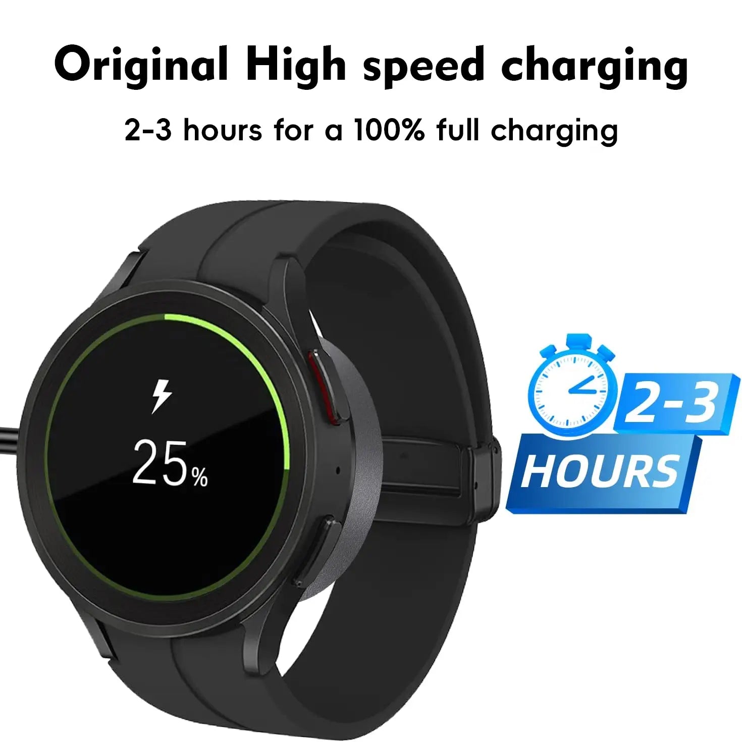 Black Galaxy Watch with circular screen showing 25 percent battery and green charging indicator on a sleek silicone band on magnetic wireless charger USB A and C.