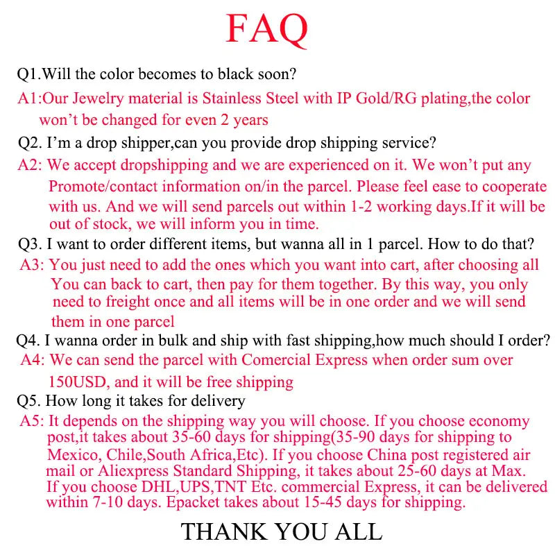 Faq page with red text on white background detailing jewelry material, drop shipping options, bulk ordering, and delivery times for a custom name stainless steel keychain product.