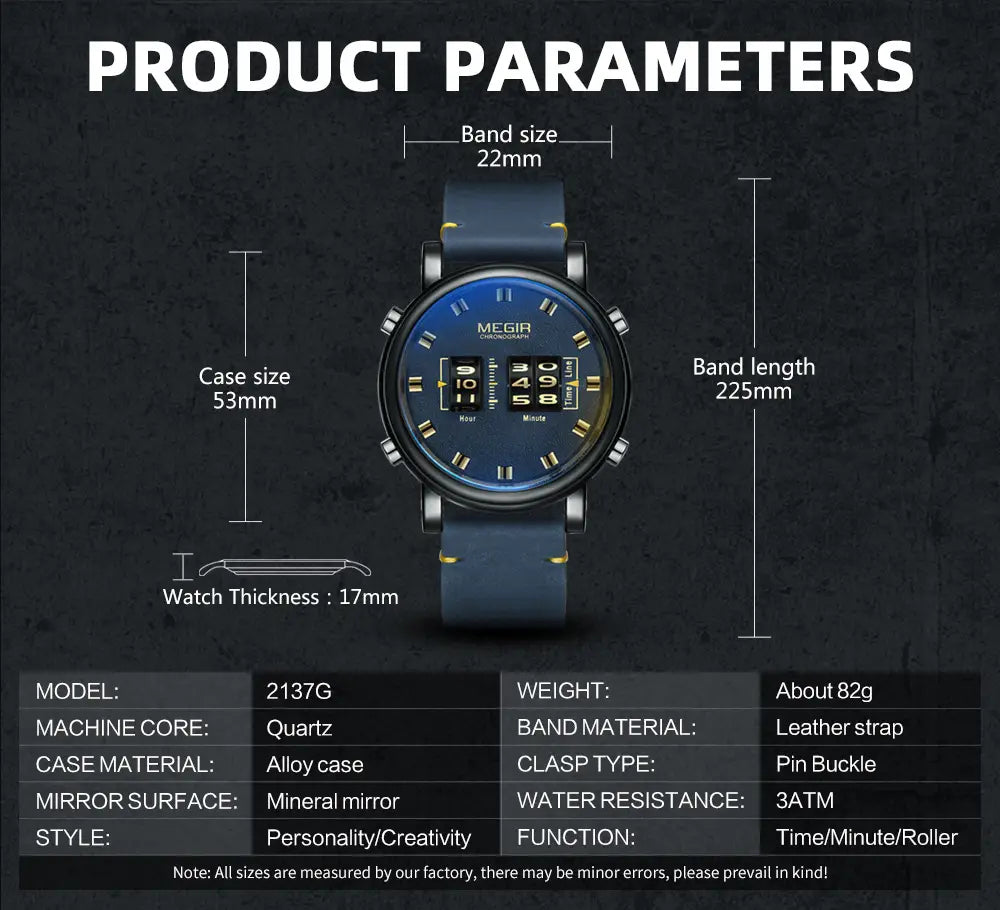Megir military quartz watch with a blue dial, dark blue leather strap, and silver alloy case.