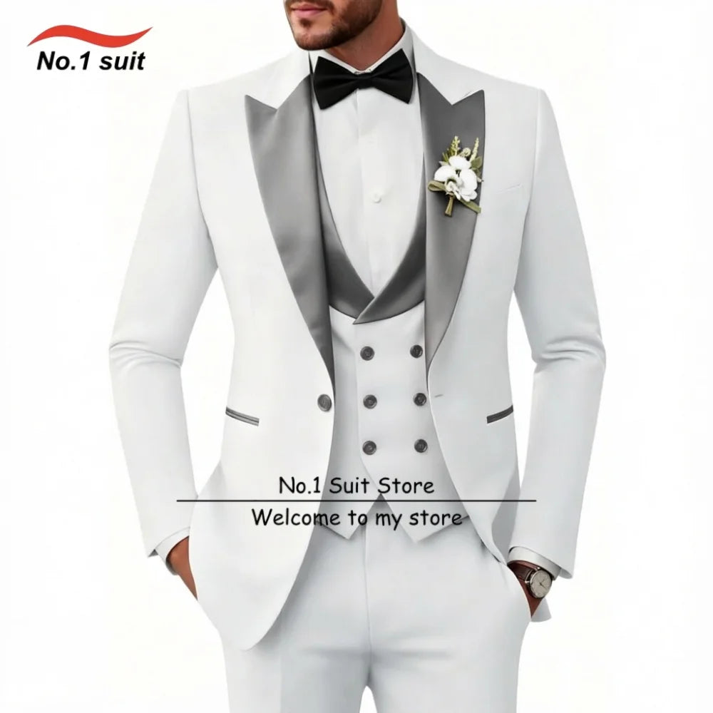Wedding Tuxedo for Mens 3 Piece Suits Slim Fit Men Tuxedos Double-Breasted Prom Peaked Lapel Men Suits