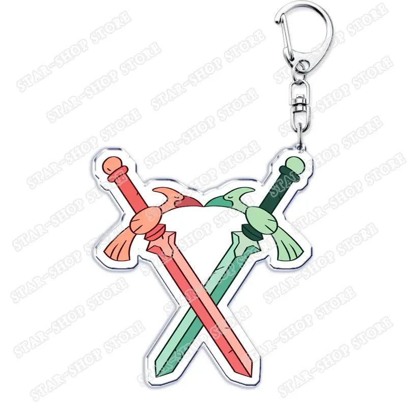 clear acrylic keychain featuring two crossed swords with one red hilt and blade and one green hilt and blade from Amphibia anime cartoon keyring collection.