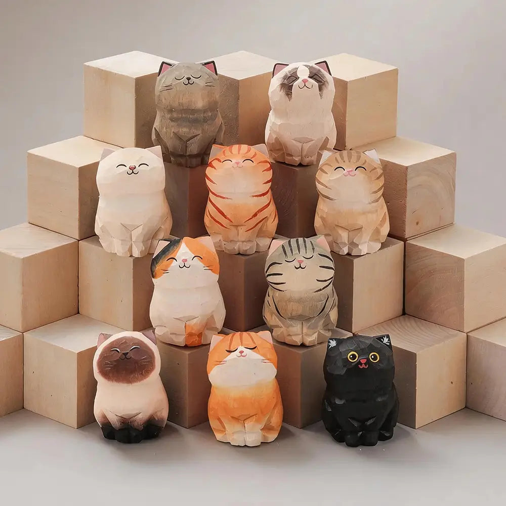 Handcrafted wooden cat figurine desk decor featuring cute multicolored designs with distinct expressions available as an actual product factory direct sale.