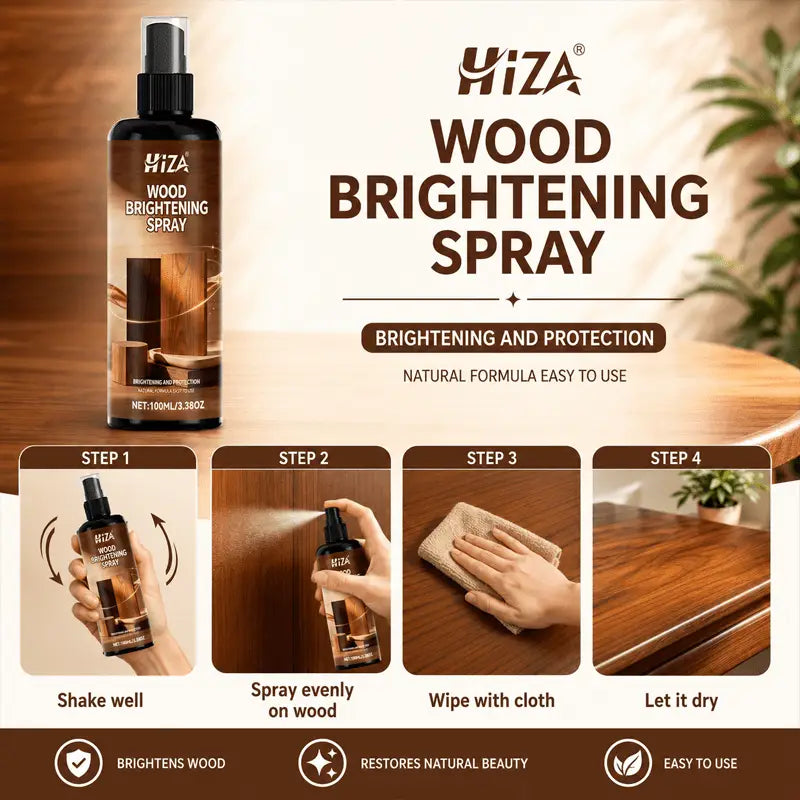 Une bouteille de pulvérisation noire élégante avec un embout transparent, portant la mention « hiza wood brightening spray », avec une finition brillante et un texte blanc audacieux, conçue comme spray pour lustrage du bois et anti-rayures.