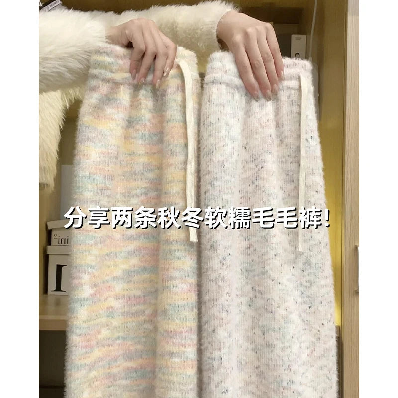 Women's Winter 2025 New Winter High Waist Draping Loose Plus Velvet Knitted Wide-leg Pants