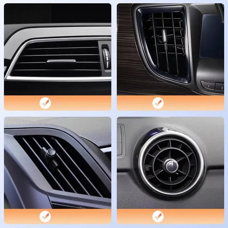 Anillos decorativos de moldura de ventilación del coche metálicos negro y plata, mostrados desde la parte posterior para el soporte para teléfono de coche con gancho metálico para montaje en la salida de aire.