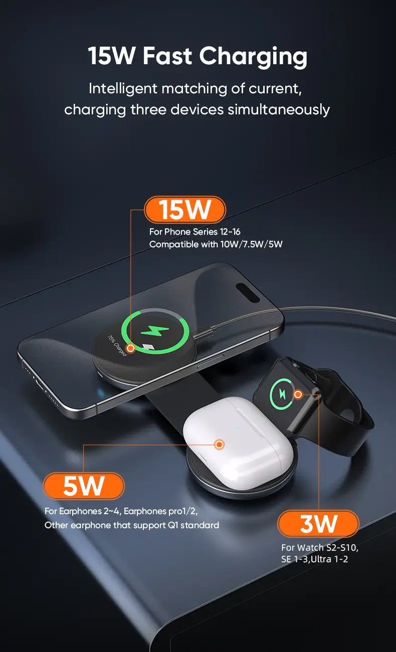 Black foldable 3-in-1 magnetic wireless charger featuring a wireless charging pad with three distinct power zones for simultaneous fast charging of compatible devices.