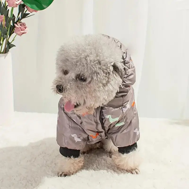遊び心のあるダックスフントプリントと黒いカフスを備えた、スモール犬向けのペット用フード付きパファーコート（グレー）。