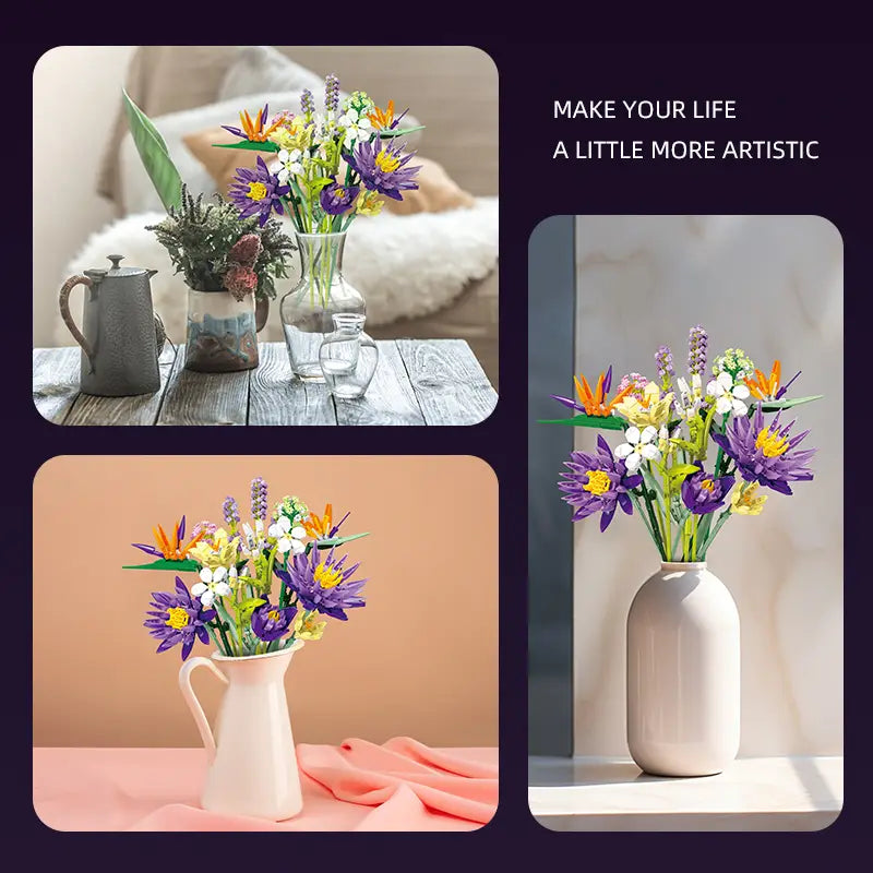 Un ensemble vibrant de bouquet de fleurs en briques, comprenant des fleurs violettes, jaunes et blanches disposées dans un élégant vase en céramique blanc, pour l’exposition des amateurs de blocs.