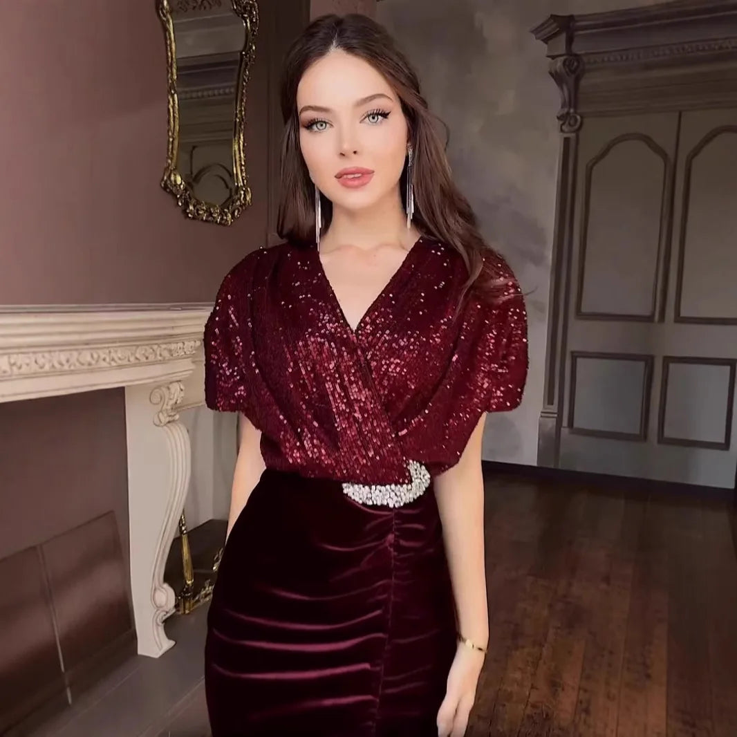 Formal Dresses for Women Party Sheath Dress Split Sequins V Neck Sexy A Line Gown Female 2025 Temperament Elegant Vestidos