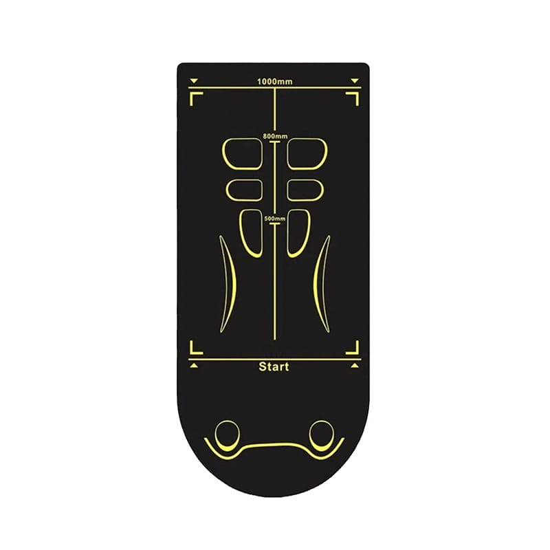 Black rectangular abdominal wheel mat non slip TPE fitness pad with yellow measurement markings and target outlines designed for exercise support.
