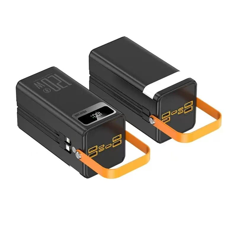 black rectangular 60000mah 120w portable power banks with orange carrying handles, yellow usb ports including micro input 5v2a, one featuring a digital display showing 100% charge and integrated led lantern.