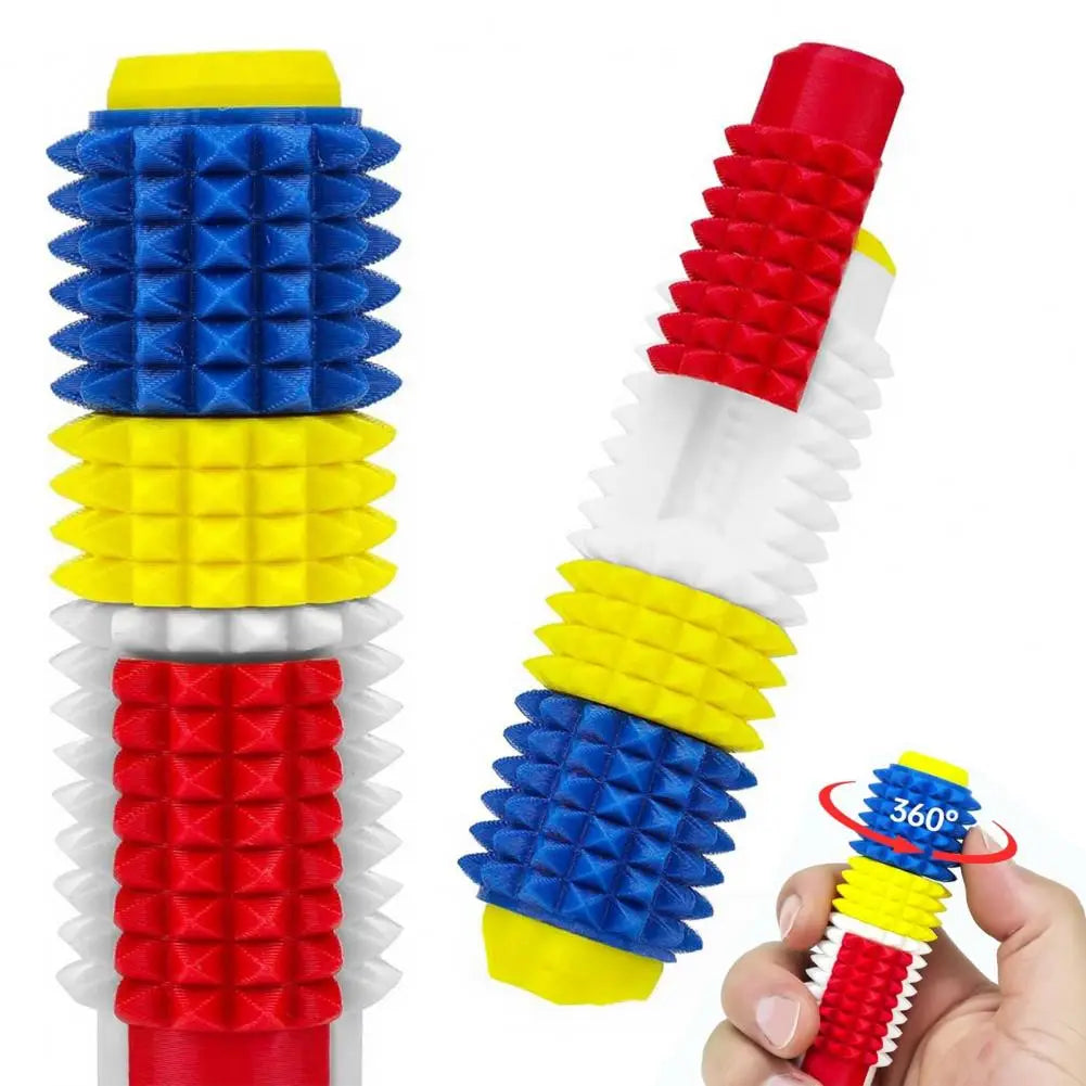 Rodillo giratorio para fidget con pinchos de espuma segmentada y colores llamativos, con un diseño de rotación de 360 grados para aliviar el estrés y para uso como juguete sensorial de fidget.