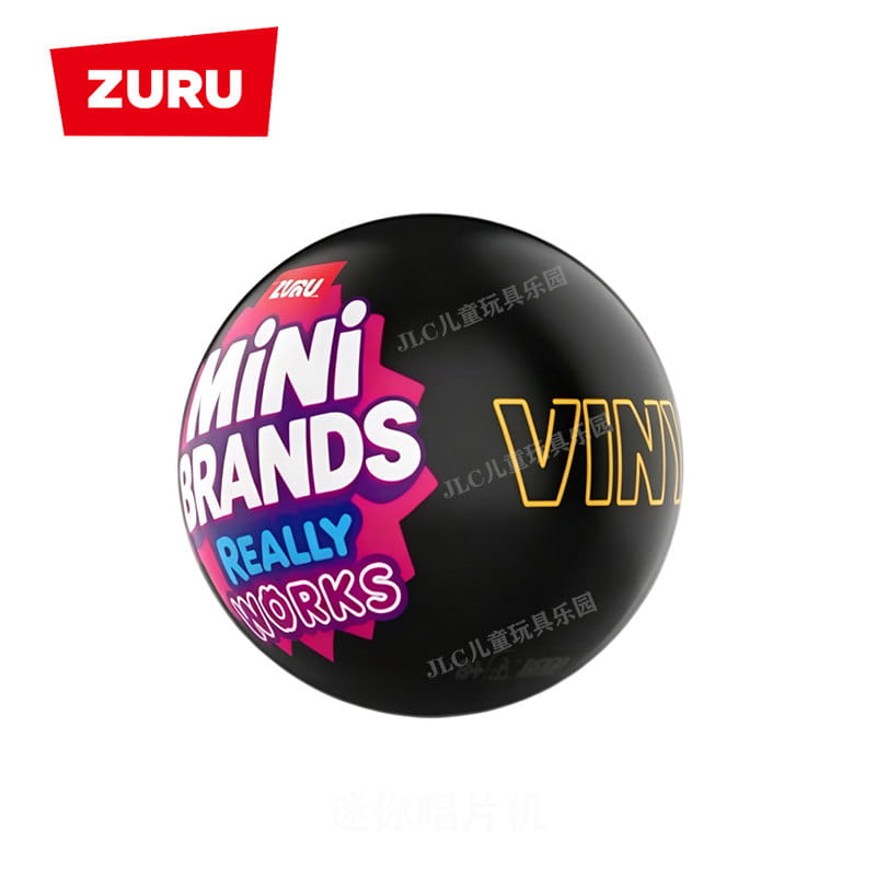 Juguete en caja ciega de vinilo mini Zuru esférico negro con marcas mini de color rosa y blanco vibrantes, logotipo dorado con la inscripción «vinyl» y un logotipo rojo de Zuru en la parte superior.