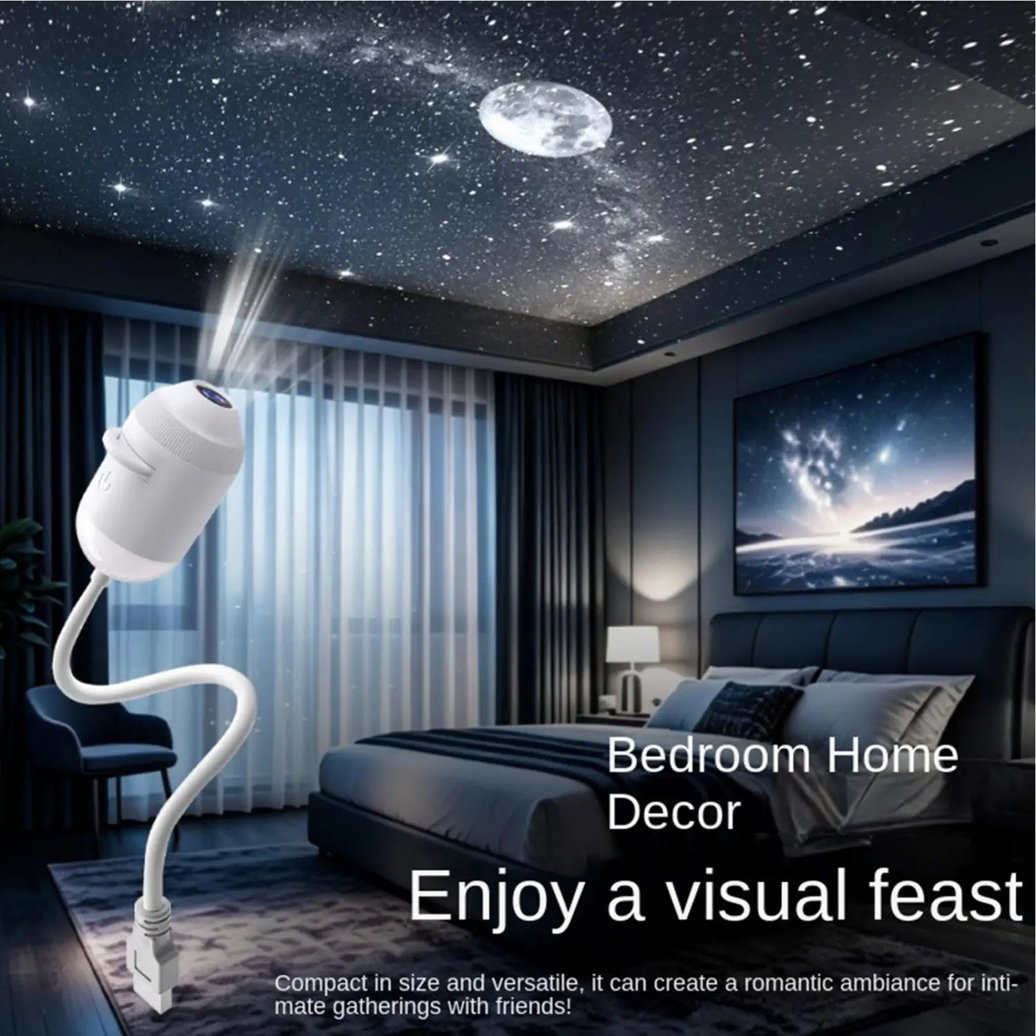 Weiße Galaxy-Projektor-Nachtlampe mit flexiblem Hals, entwickelt, um mit 24 Folien einen Effekt eines sternklaren Nachthimmels zu erzeugen, mit projiziertem Mond und Galaxymuster.