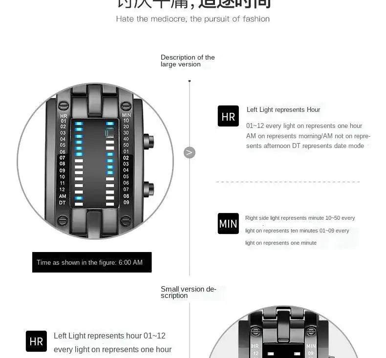 Black digital stainless steel waterproof men watch with illuminated blue LED segments displaying time and date.