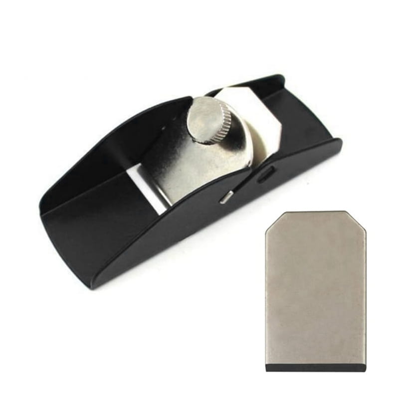 Black mini wood hand planer made of aluminum alloy with a silver adjustable knob and metallic blade shown alongside its replacement insert for carpentry use.