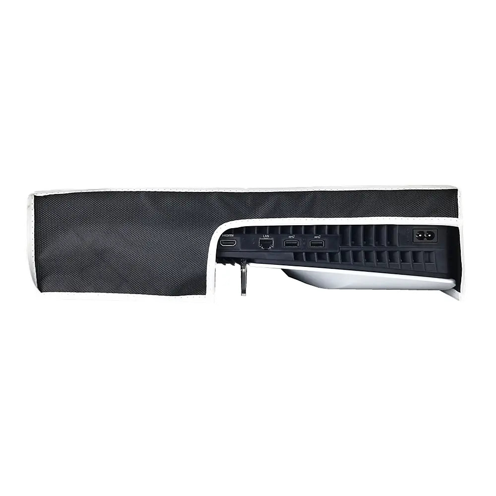 Black and white ps5 pro console horizontal dust cover made of oxford cloth with reinforced stitching designed to fit snugly over the back of a ps5 pro console.