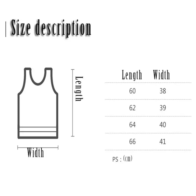 Tabla de descripción de tallas en centímetros para una camiseta interior tipo malla para hombre, transpirable, sin mangas, que muestra las medidas de la parte superior sin mangas.