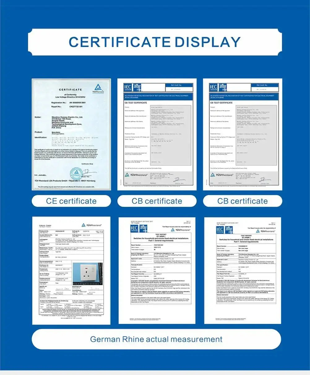 Blue background displaying six certification documents including ce and cb certificates from TÜV Rheinland for embedded wireless desktop charger 15w.