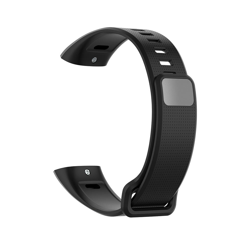 Bracelet en silicone noir pour Huawei Band 2 Pro, bracelet pour poignet, avec texture perforée et sangle de bracelet avec accent argenté rectangulaire.