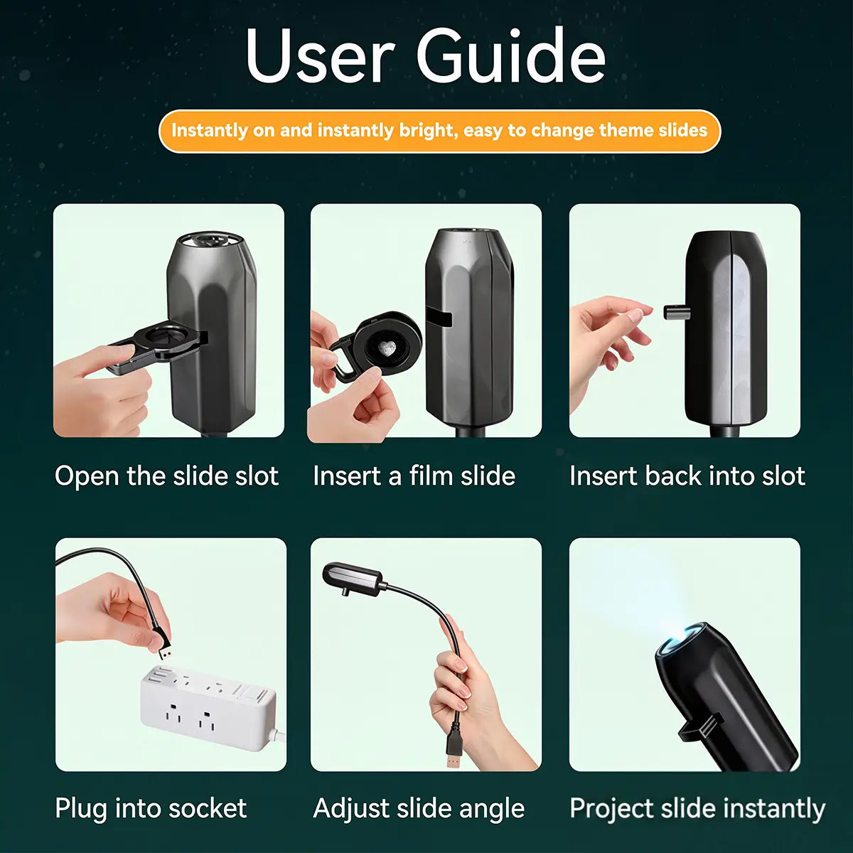 Projecteur mini LED cylindrique noir à finition mate élégante, avec bras de projection réglable pour l’affichage de la lumière « ciel étoilé galaxie ».