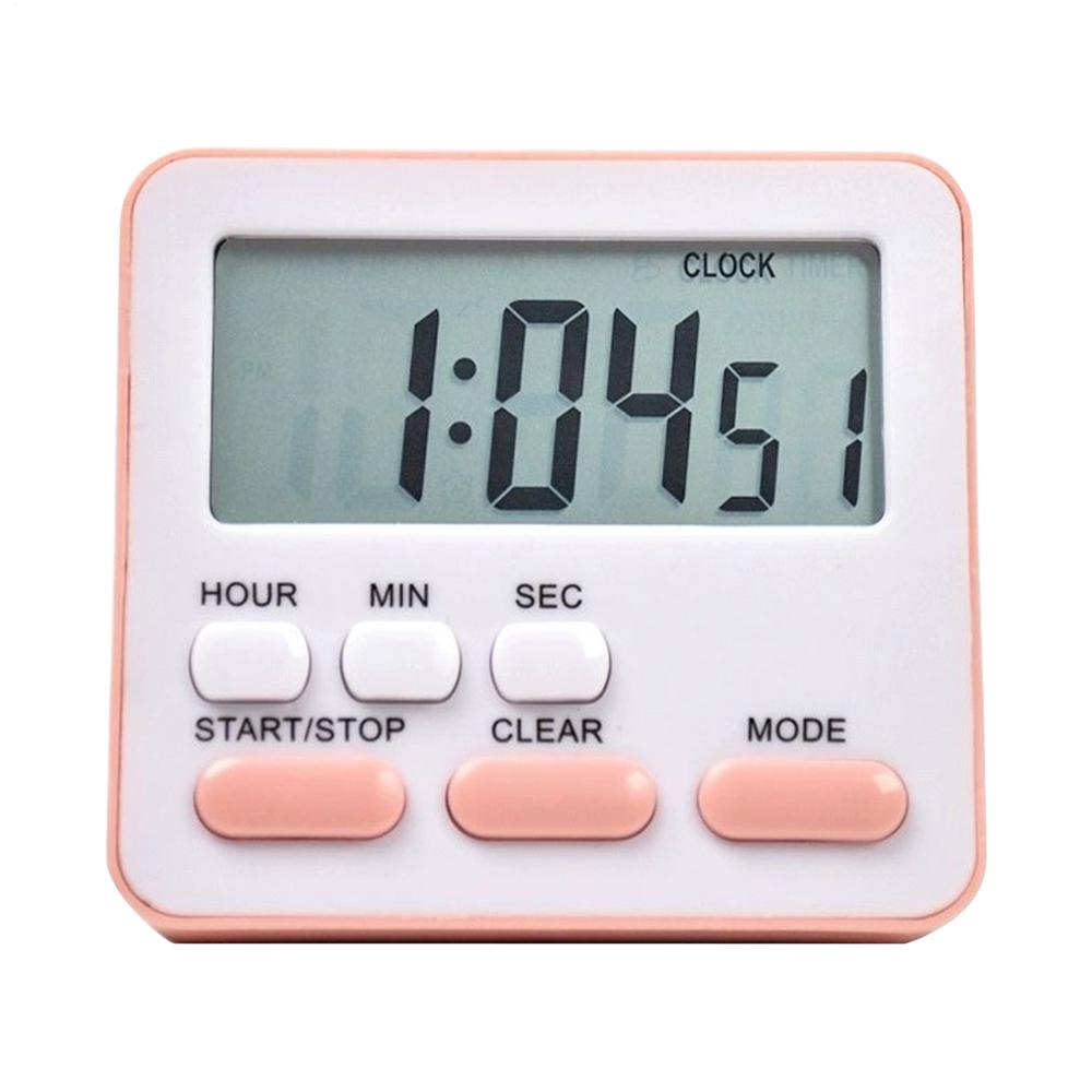 Ein kompakter digitaler Küchentimer mit geräuschlosem Countdown-Uhr-Funktion und einem weißen sowie zartrosa Gehäuse mit einem rechteckigen LCD-Bildschirm, der die Zeit in schwarzen Ziffern auf grauem Hintergrund anzeigt.