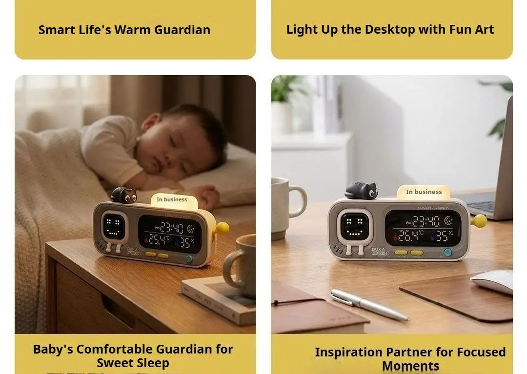 Gray digital smart temperature and humidity clock duka mooda smart with yellow accents and a small black cat figurine on top.