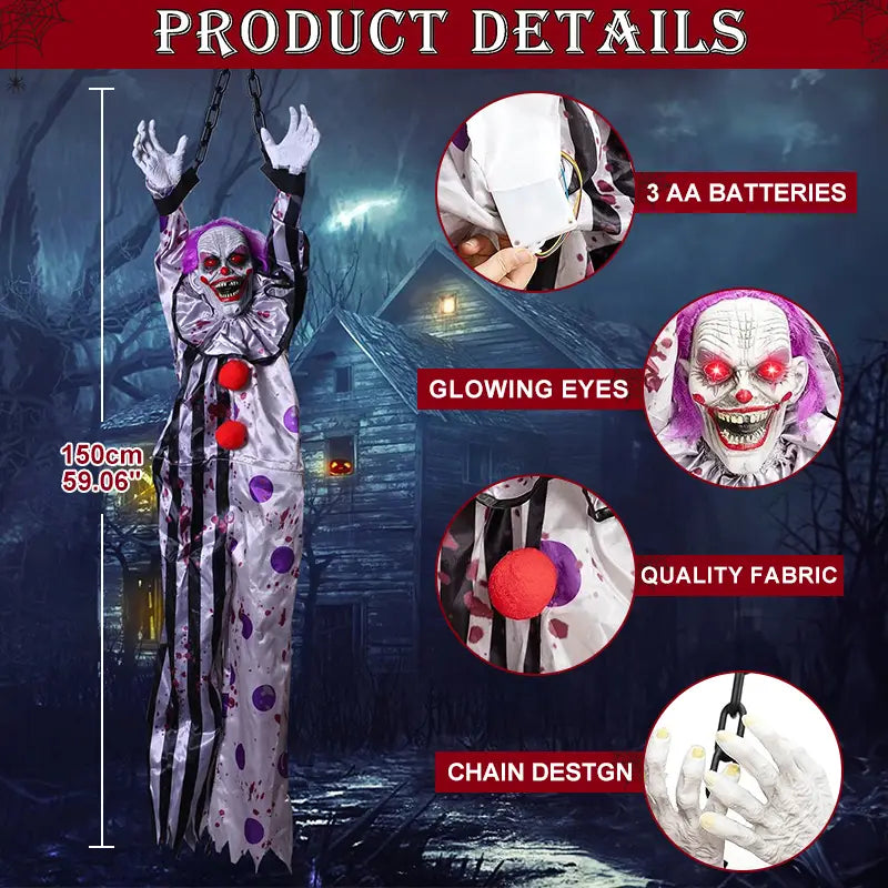 ein 150 cm großer, hängender Geist mit Sprachsteuerung, animierter Halloween-Clown, mit leuchtend roten Augen, einem weißen und violetten Stoffkostüm mit Pünktchen, schwarzen Streifen an den Seiten und roten kugelförmigen Knöpfen auf der Brust
