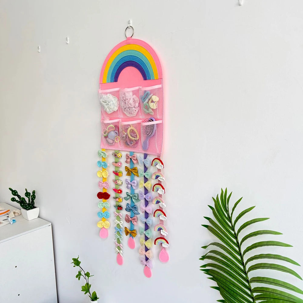 Kids Hair Accessories Storage Hanging Bag, Wall Mount Felt Hair Clip Headband Scrunchie Organizer, Girls Room Hairpin Display St