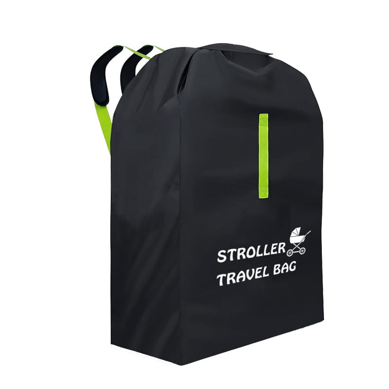 schwarze Kinderwagen-Reise-Transporttasche mit Neon-Grün-Trägern und Reißverschlussgriff mit weißem Etikett für Kinderwagen-Reise-Transporttasche und Babywagen-Symbol, entworfen als universeller Pram-Staubschutz-Organizer