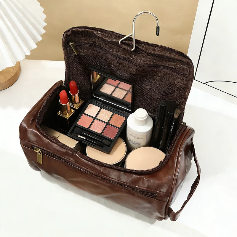 Leather Travel Toiletry Bag for Men Women, Large Capacity Cosmetic Organizer with Hanging Hook, Waterproof Makeup Storage Bag Po