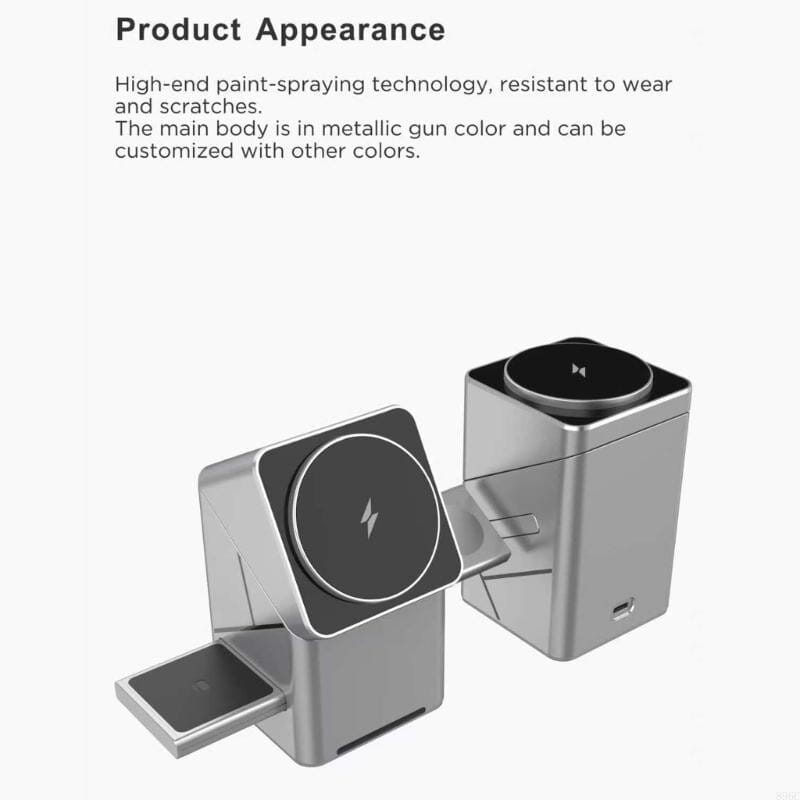 Drahtlose Ladestation aus metallicfarbenem „Gunmetal“ mit elegantem rechteckigem Design und kreisförmigen Ladeflächen, mit 15-W-drahtlosem Schnellladen für Smartphones.