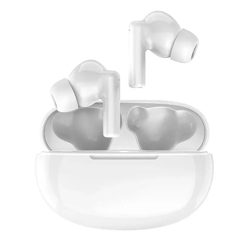 white chuban wireless earbuds with active noise cancelling feature have a sleek glossy finish and are nestled in a matching white charging case