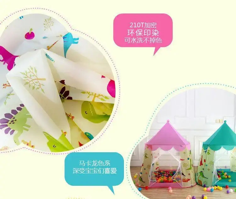 La tente de jeu portable et pliable en forme de château pour enfants dinosaures présente un tissu vibrant rose et vert, avec un motif thématique de dinosaures.