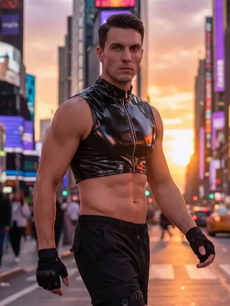 Men Plus Size Wet Look PVC Tank Top Shiny PU Leather Sleeveless Muscle Shirts Tights Fitness Gym Crop Tops Vest Tanktop Shaper