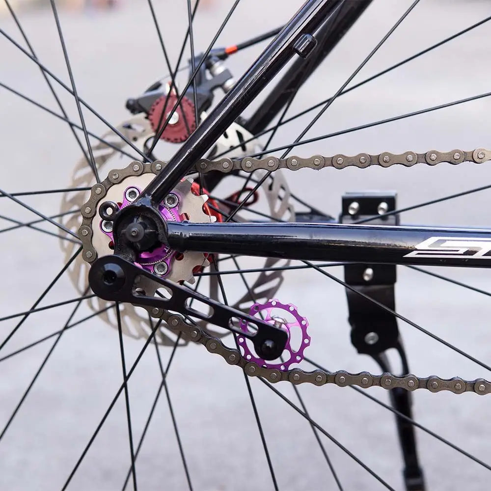 Purple metallic aluminium alloy bike chain tensioner stabilizer featuring a chainring with a matching purple cog and a black derailleur hanger on a bicycle.
