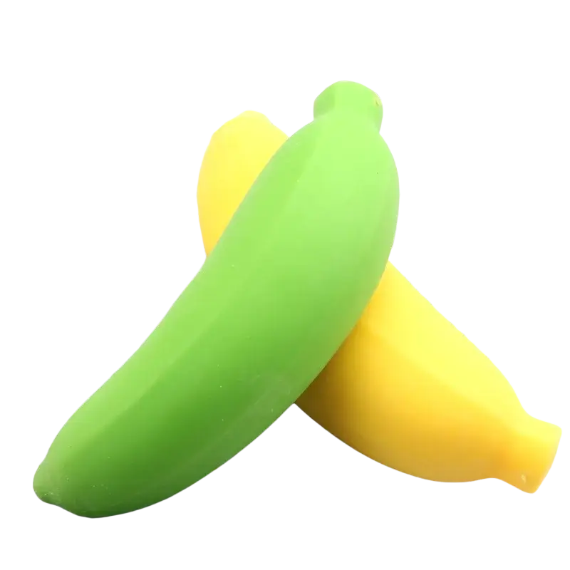 Green and yellow silicone banana-shaped slow rising squishy fruit squeeze toys shown from the front angle